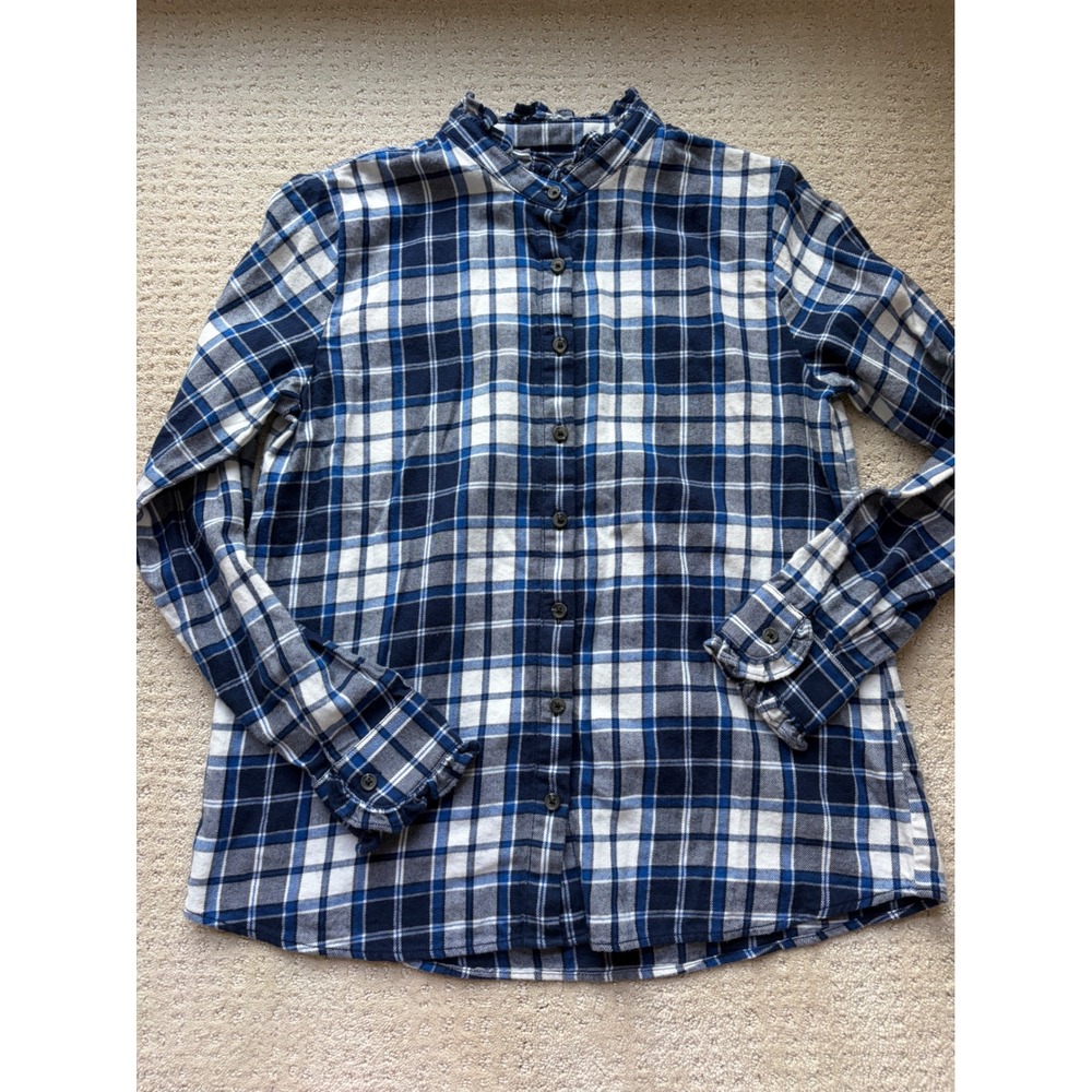 Lands End Flannel Shirt S Blue Plaid Ruffle Collar Cotton Cabincore Heritage